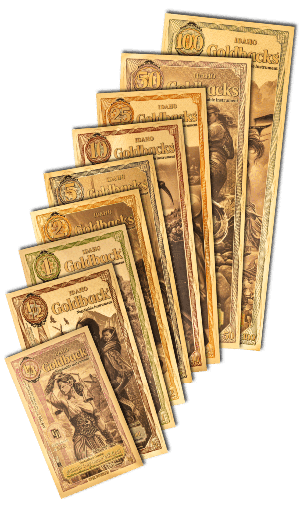 A fan of Goldbacks, a fractional 24K gold currency issued in several spendable denominations