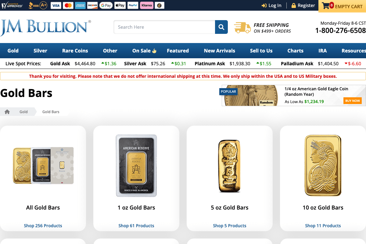 Gold bars — LBMA Good Delivery bars from PAMP, Valcambi, and Perth Mint