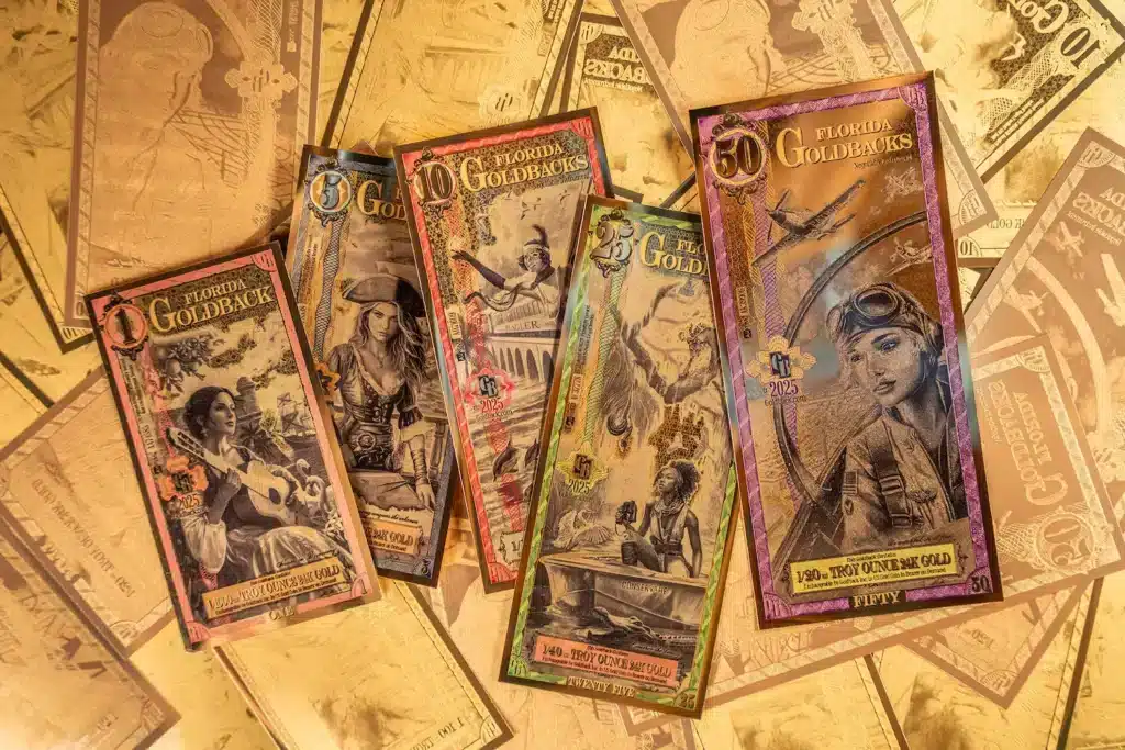 Goldback fractional 24K gold currency shown in multiple denominations — physical gold you can hold and spend